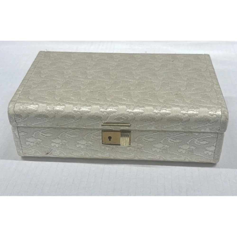 Vintage Farrington White Jewelry Box Light Blue Velvet Lined 2 Tier w Key *READ*